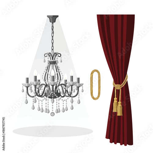 An elegant crystal chandelier with glowing lights and a luxurious red velvet curtain with a golden tassel tie-back.