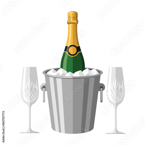 A green champagne bottle in a silver ice bucket with two empty crystal flutes on a white background, ready for a celebration.
