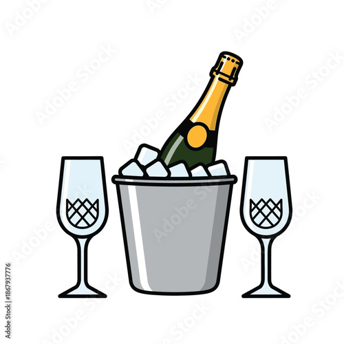 A cartoon illustration of a champagne bottle chilling in an ice bucket with two empty champagne flutes, ready for a celebration.