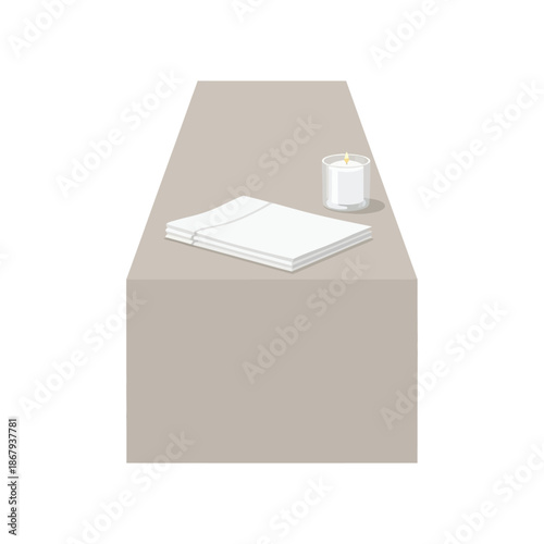 Minimalist illustration of a rectangular table with a beige runner, a stack of white napkins, and a lit candle in a glass holder.