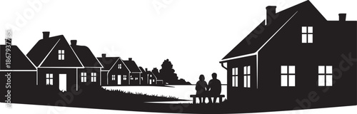 Residential Neighborhood Silhouette with Couple Sitting on Bench