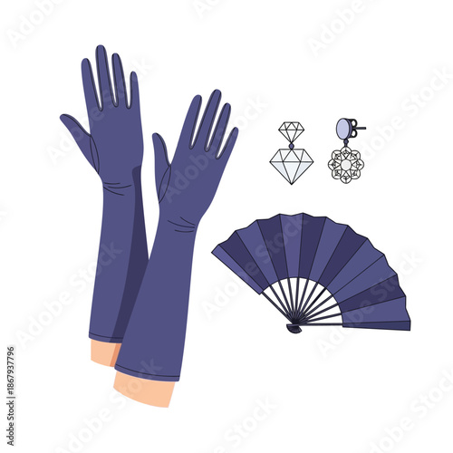 Elegant purple opera gloves, a matching folding fan, and two distinct earrings, one diamond and one ornate, representing classic accessories.