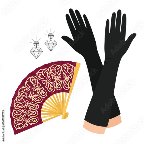 Elegant accessories including long black opera gloves, a decorative red and gold folding fan, and sparkling diamond earrings, perfect for a formal event or costume.