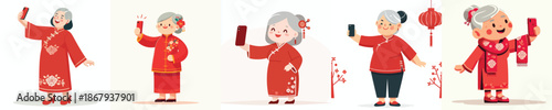 vector grandmother standing happily taking selfie photo during Chinese New Year