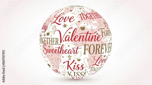 Valentines Day globe with love kiss and sweetheart words romantic concept for greeting cards and web design isolated on white