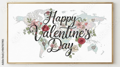 Happy Valentines Day text with floral elements over a world map a romantic concept for greeting cards and global celebrations