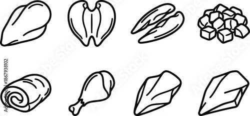 Various types of raw meat and cuts for cooking and culinary use in a simple line drawing style