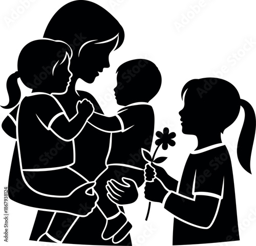 Happy mother's day family love silhouette mother and kids sharing tender moments