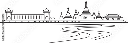 Myanmar skyline linear landscape with ancient bagan temples and pagodas by Irrawaddy river bank