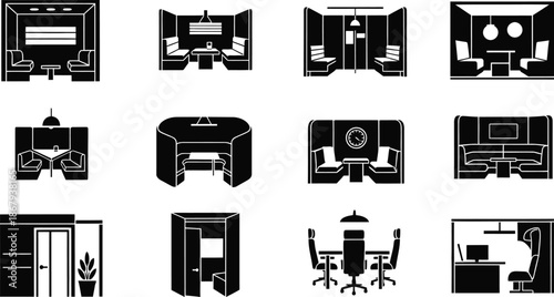 Minimalist furniture arrangement icons set top and side views on transparent background silhouette