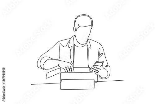 A man opening a package. People self employed concept. Single line draw design. Vector graphic illustration