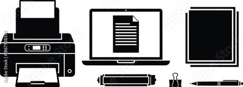 Office equipment icons including printer laptop and documents on transparent background silhouette