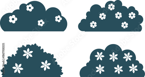 Floral bush and cloud shapes perfect for design projects on transparent background silhouette