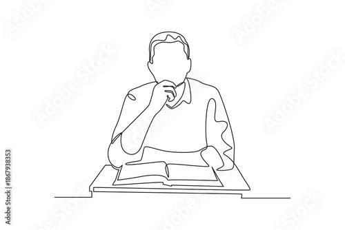 A man thinking while reading documents. People self employed concept. Single line draw design. Vector graphic illustration