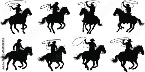 Repeating cowboy on horseback silhouettes various poses on transparent background