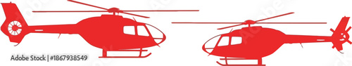 Two red helicopter silhouettes side view on transparent background