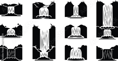 Collection of waterfall silhouettes in varying designs on transparent background