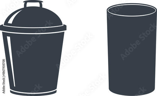 Black cocktail shaker and glass silhouette on transparent background