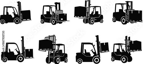 Collection of forklift trucks in various poses on transparent background silhouette