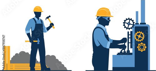 Construction workers and industrial machinery in a graphic depiction on transparent background silhouette