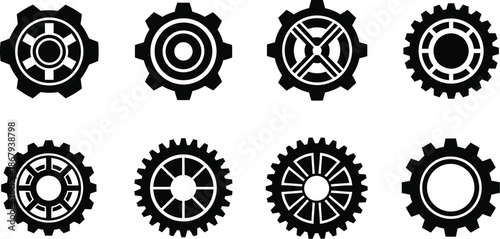 Collection of black gear icons with varied designs on transparent background silhouette