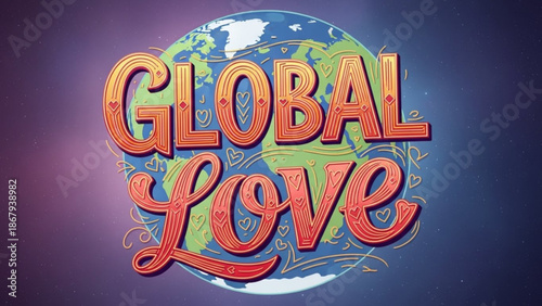 Global love text art with earth illustration representing unity and connection perfect for social media campaigns and inspirational designs