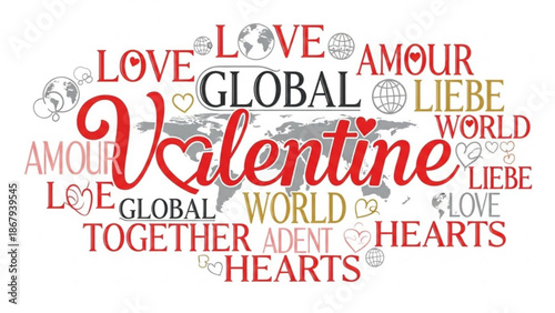 Global Valentines Day word cloud with hearts and world map celebrating love and connection worldwide perfect for romantic themes and international greetings