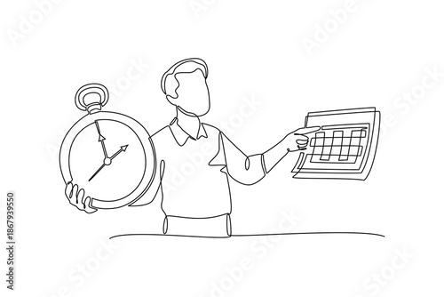 Man holding clock and schedule chart. Time Management concept. Single line draw design. Vector graphic illustration