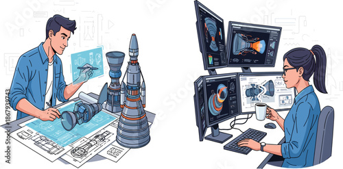 Engineers working on space exploration project, designing rocket models, aerospace technology development, scientific research, futuristic innovation, 