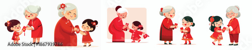 vector of grandmother giving red envelopes to Chinese New Year grandchild