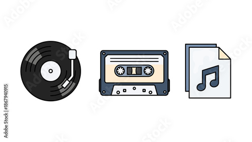 Retro Music Format Icons Vinyl Record Cassette Tape and Music Note Document