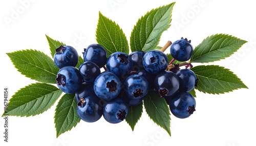 Close-up of ripe blueberries on a stem with green leaves
