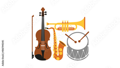 Collection of Musical Instruments Including Violin Saxophone Trumpet and Drum
