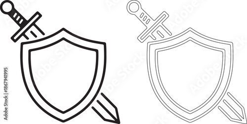 Black and white line art of shield with sword icons for strength and defense