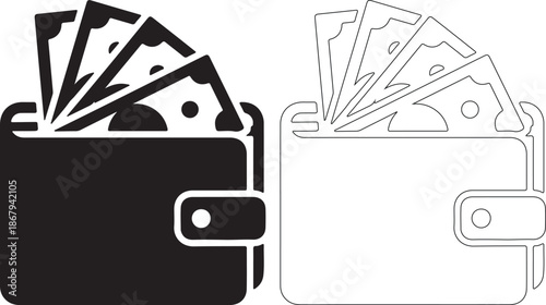 Black and white icons of a wallet with money in solid and outline styles