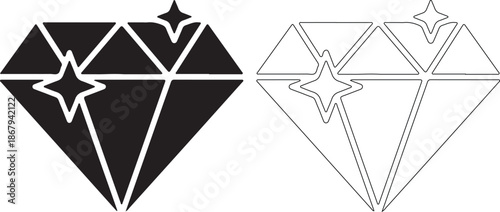 Two diamond shapes with stars in black and white line art
