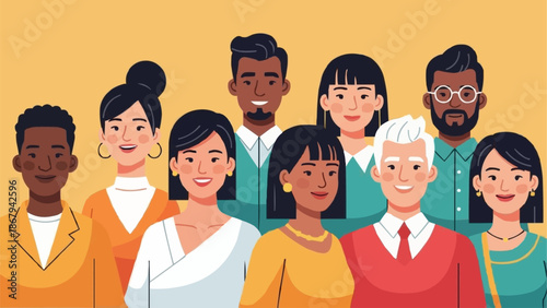 Diverse group of people standing together smiling and looking forward.