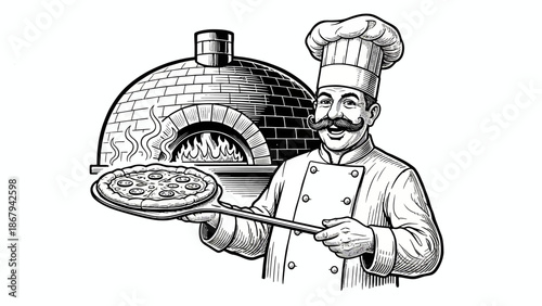 Italian Pizzaiolo Chef Holding Pizza - Vintage Wood-Fired Oven Illustration Vector