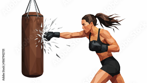 Woman Boxing Heavy Bag - Dynamic Female Boxer Punching Workout Vector Illustration