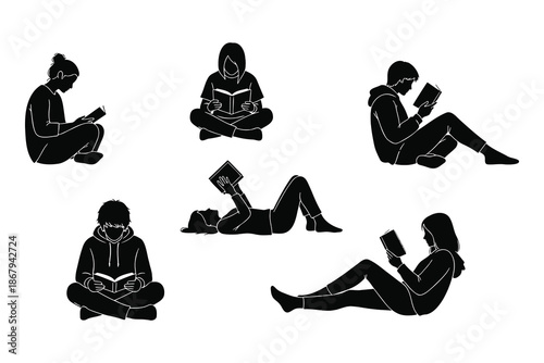black silhouettes of people reading books in various sitting and lying down positions on white background