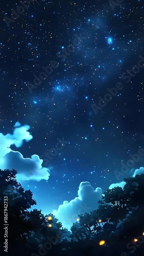 night sky with blue stars over dark trees and glowing clouds in forest