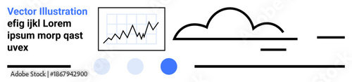 Line graph on a grid, abstract cloud, and lines with text blocks and dots in blue hues. Ideal for data analytics, cloud computing, technology, minimalism, design, information sharing simple landing
