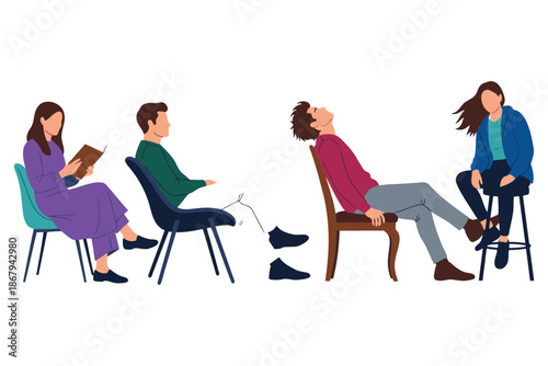Four people sitting on chairs in different positions and taking notes isolated on white background