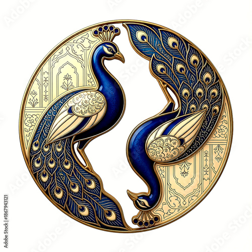 Circular decorative plate with two peacocks facing each other and intricate gold and blue isolated on a transparent background