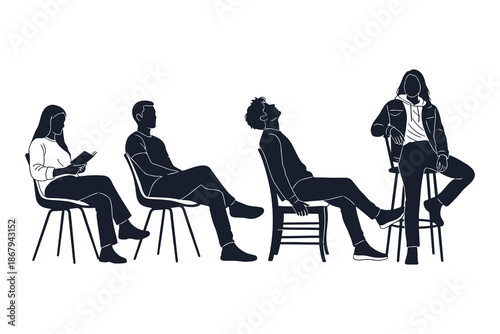 group of people sitting on chairs in different positions and looking ahead  people sitting on chairs
