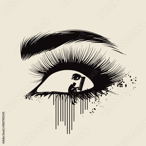 Artistic depiction of an eye with a miniature figure and abstract details