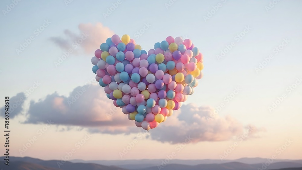 Fototapeta premium Vibrant heart shaped balloons floating in serene sky with clouds