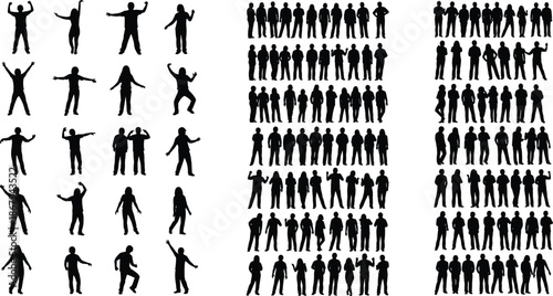 Mega collection of diverse people silhouettes featuring large crowds standing in rows and individuals in active poses for graphic design projects