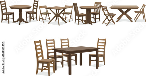 Collection of various wooden dining tables and chairs set illustrations including round square and rectangular designs for interior home furniture catalog