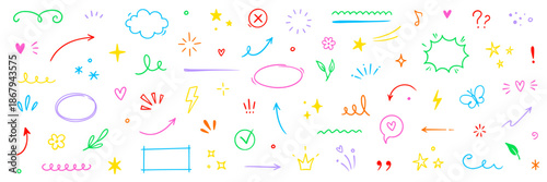 Line element arrow, cloud, heart cute design icon set. Hand drawn brush sketch doodle cute star, heart, flower element. Line text decoration scribble decoration. Hand drawn Vector illustration